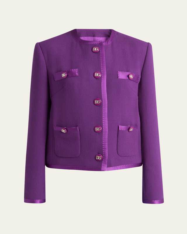 Satin-Trim Wool Crepe Collarless Jacket